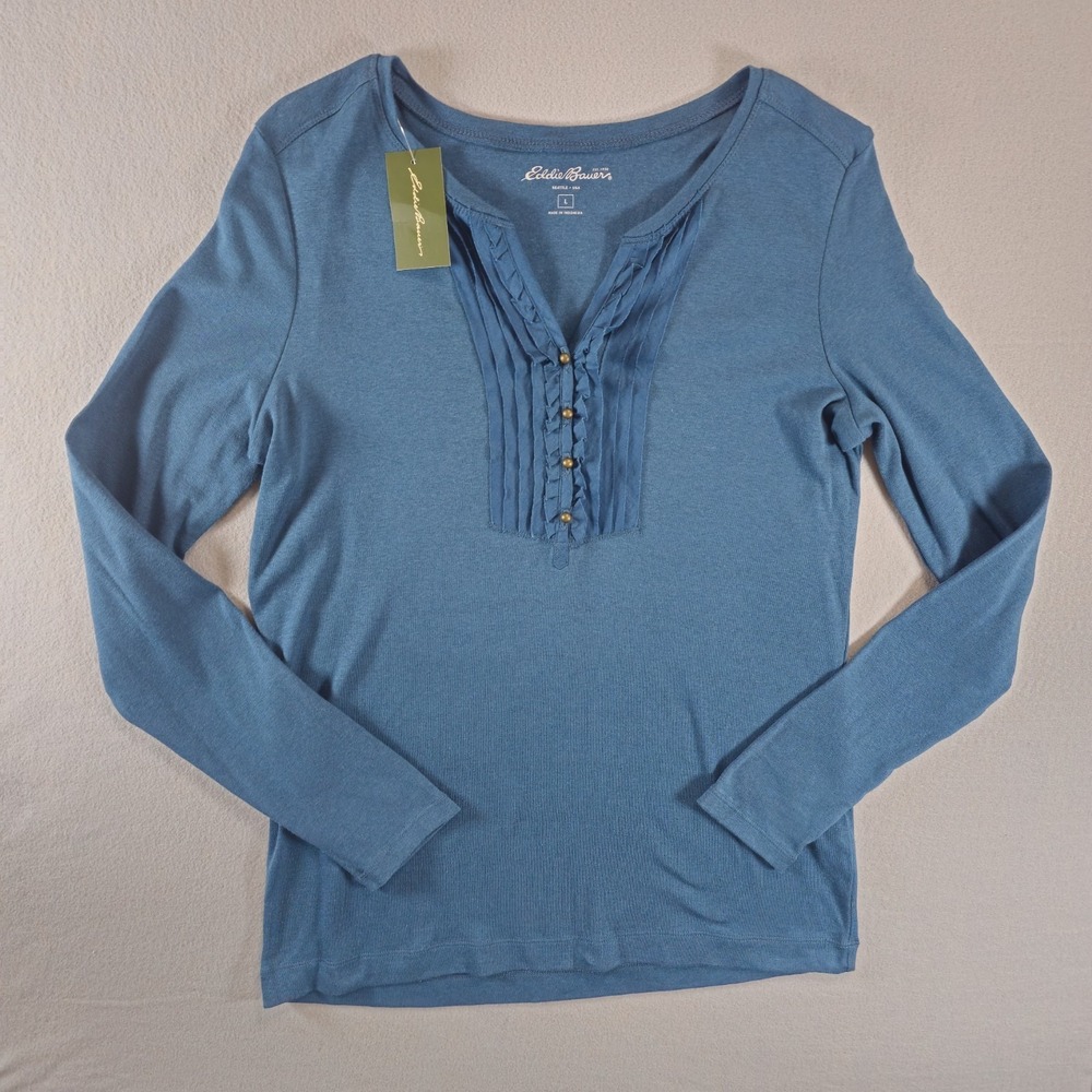 Lucky Brand Women's Blouse L Lace Button Neckline Long Sleeve Blue Top NWT‎